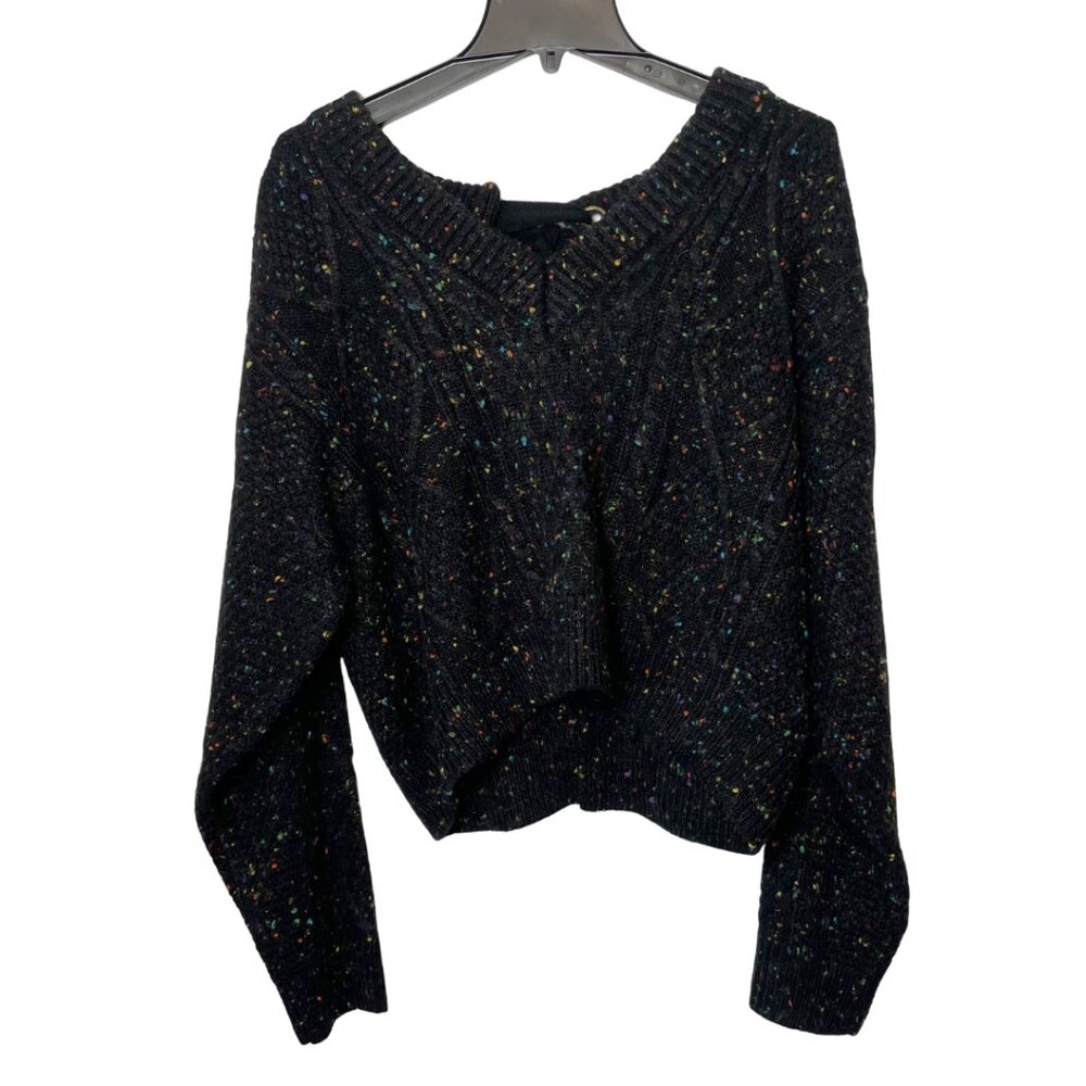 John + Jenn Black Cropped Knit Cardigan Sweater M V-Neck Tie Back Relaxed‎ Fit